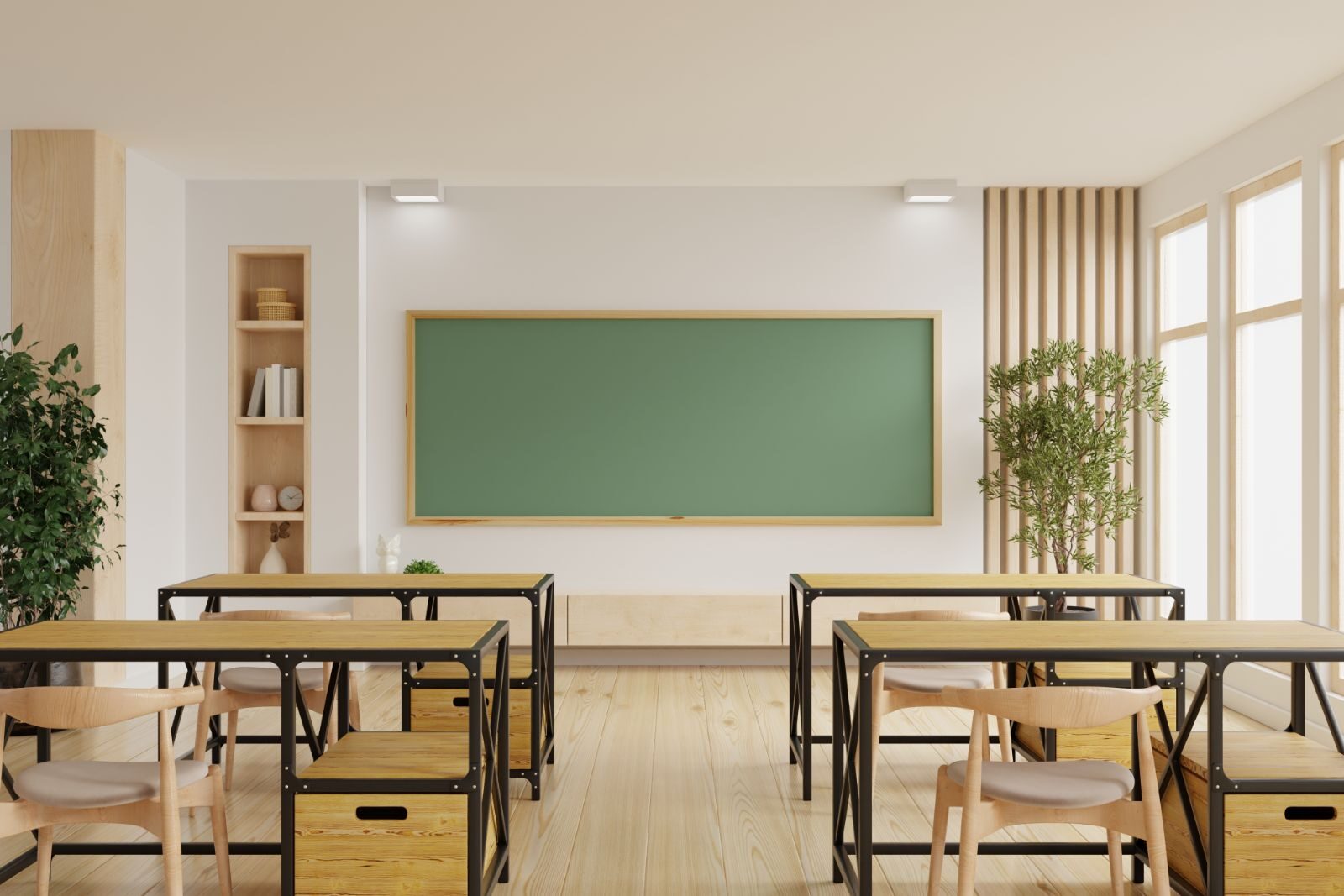 Modern classroom with desks, chalkboard, and natural light