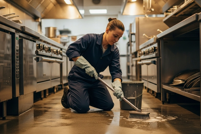scrubbing and degreasing commercial kitchen floor with equipment